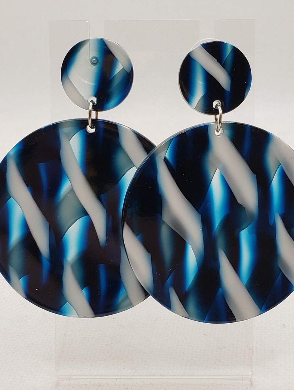 Statement Round Resin Drop Earrings in Blue and White